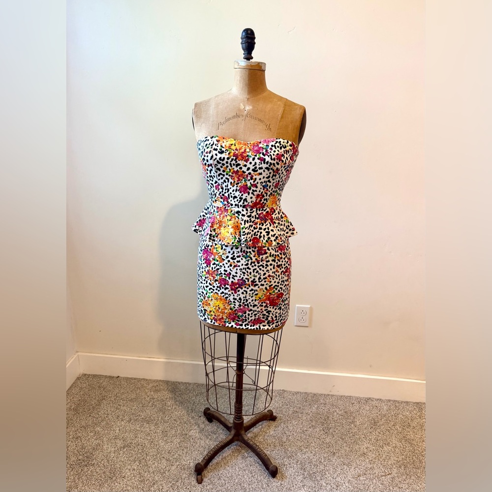 Y2K 2010 Strapless Floral Leopard Peplum Mini Dress Club Nostalgia